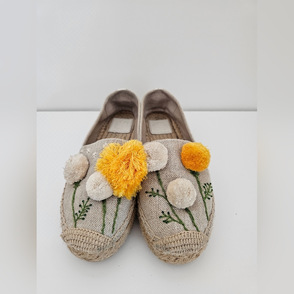 Tory Burch Ellis Pom-Pom Floral Espadrilles - Size 8 - 3D Mimosa Embroidery